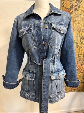Women's Blue Denim Utility Jacket with Waist Tie
